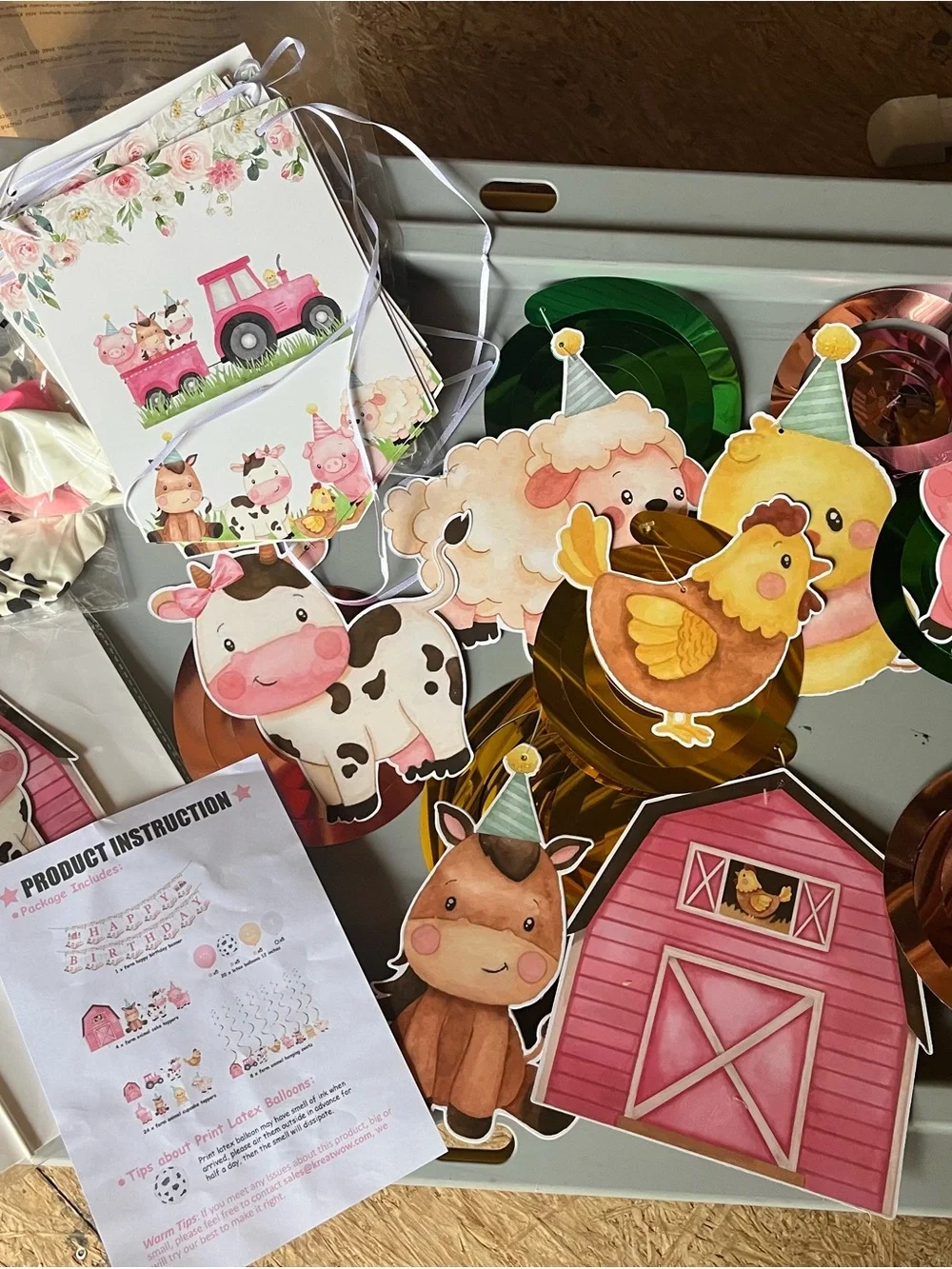 Pink Farm Animal Happy Birthday Party Decoration Set